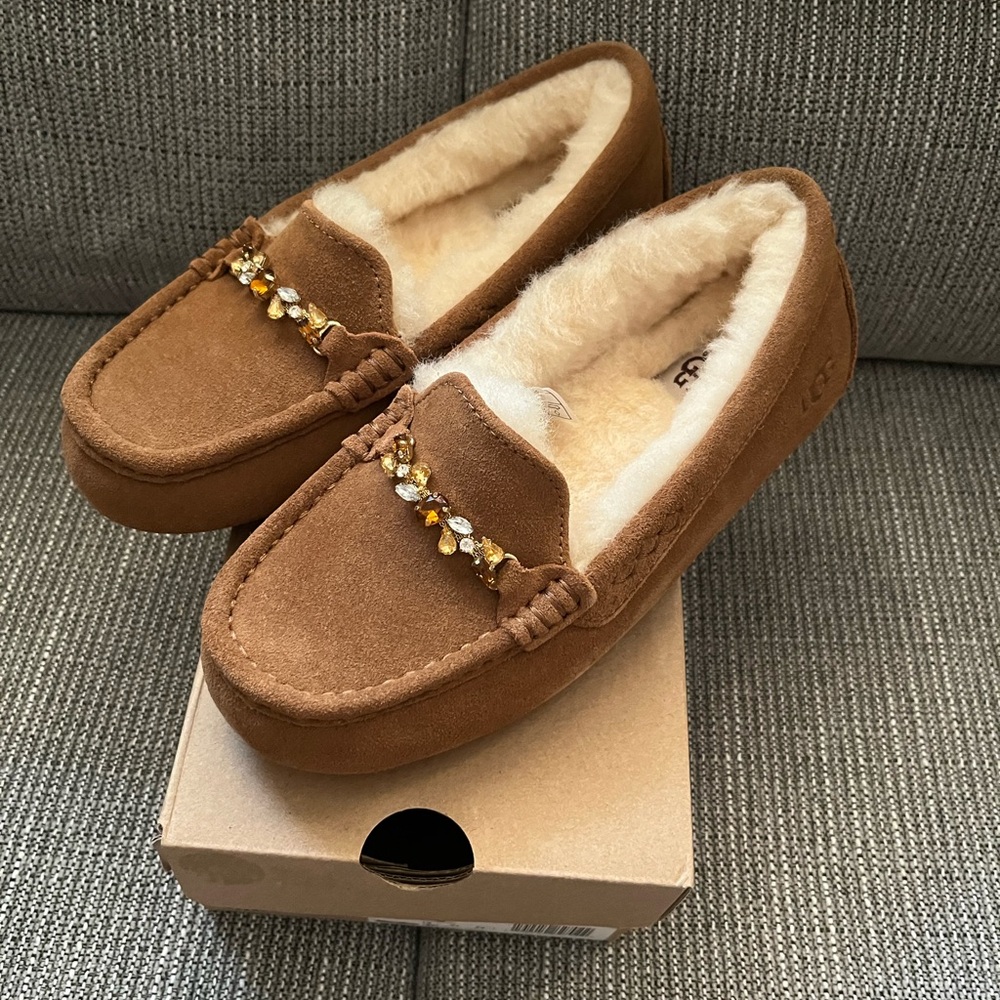 UGG Tan Suede Moccasin Slippers with Beaded Detail